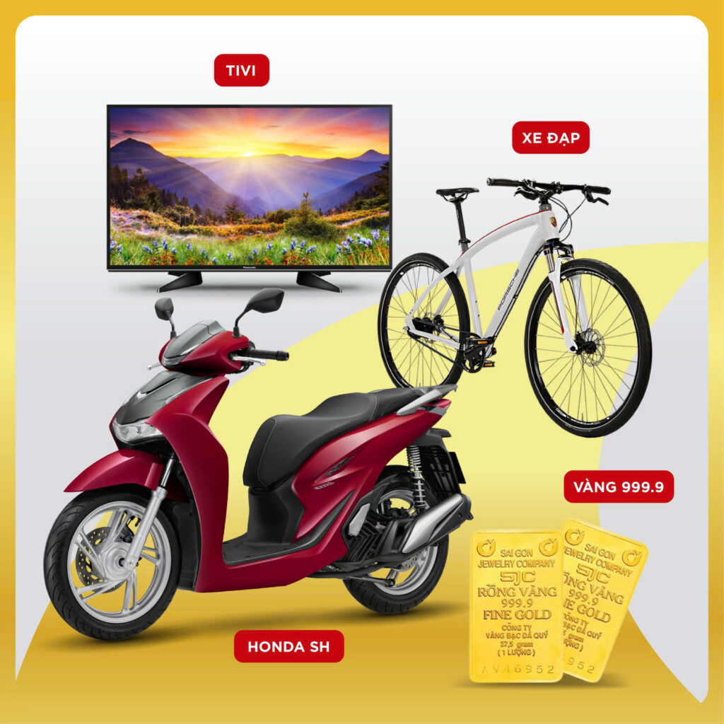 Honda SH, vàng SJC 999.9, TV, xe đạp